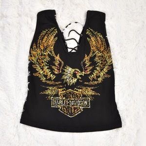 Harley Davidson Eagle Print Tie Lace Up Back Tank